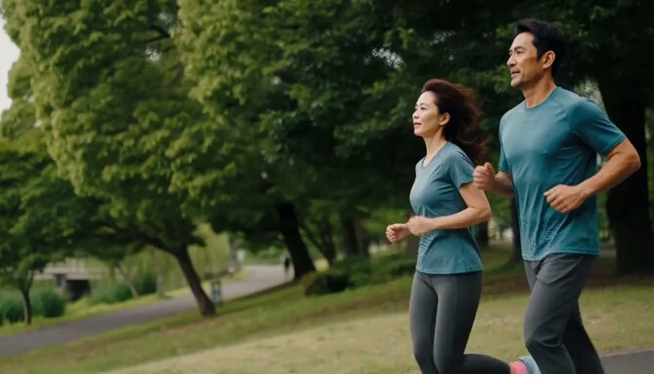 People jogging in a park. AI-generated imagery.